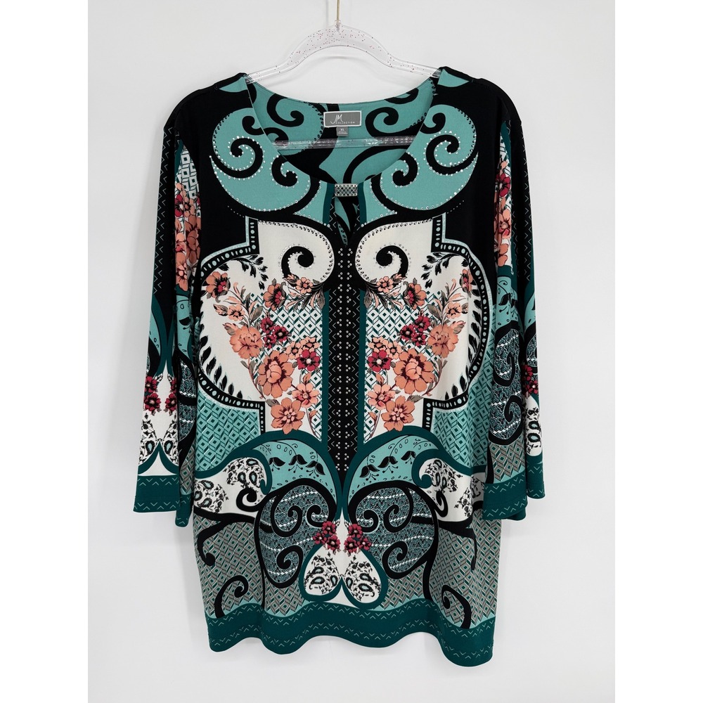 JM Collection Womens Sz XL Teal Black Floral Scroll Rhinestone 3/4 Sleeve Top